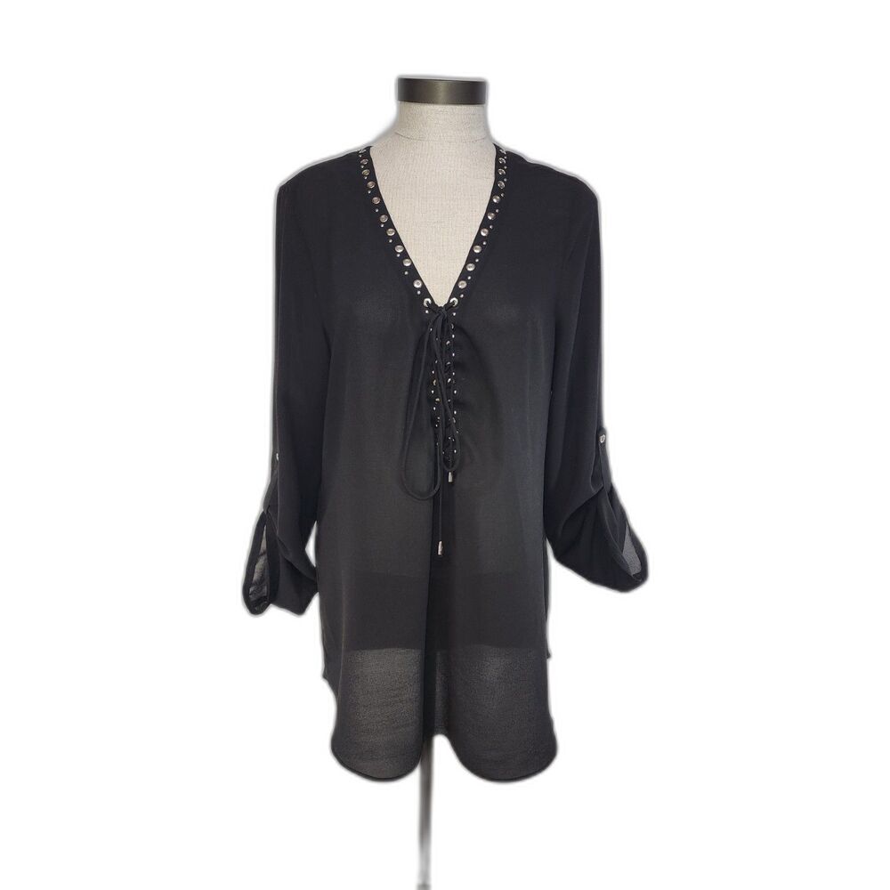 Mona Leah Couture Women's Black Roll-sleeve sheer blouse Size M